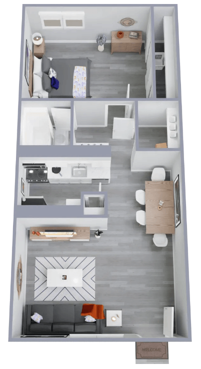Floor plan for 1 bed, 1 bath, 716 sqft
